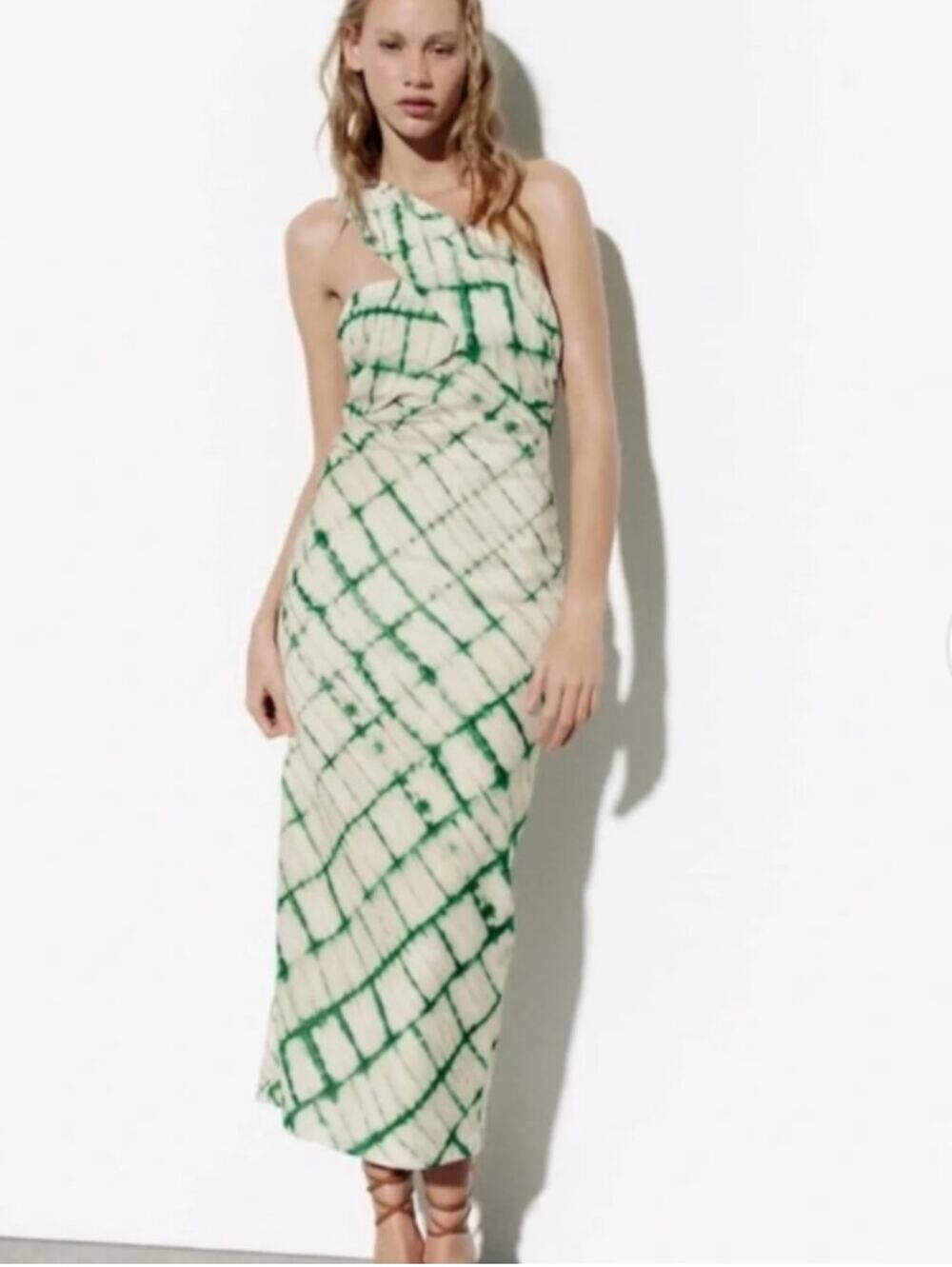 💚 Zara One Shoulder Ruched Shibori Tie-Dye Midi Dress | S | Green White Pink
